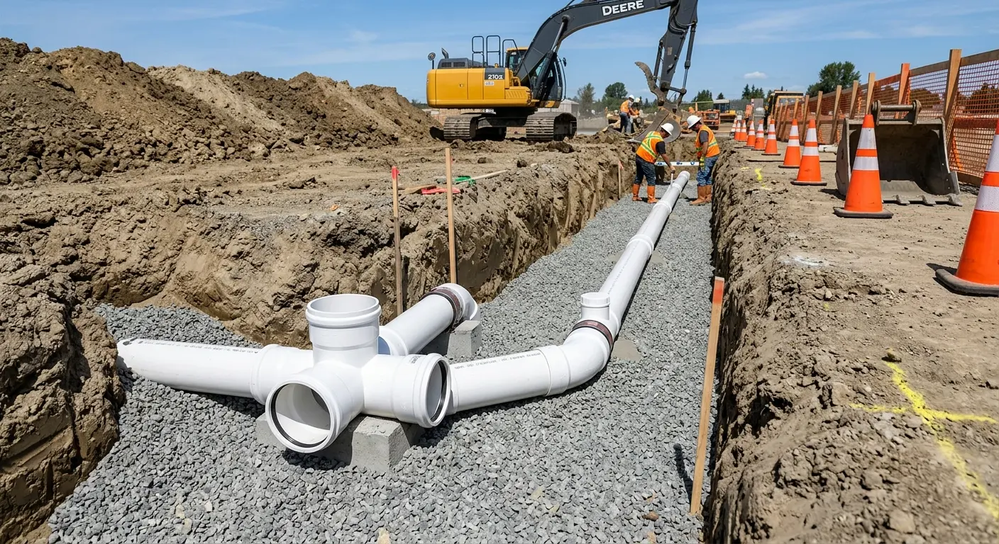 New PVC sewer pipe installation in open trench for Commercial Drain Cleaning in Falmouth