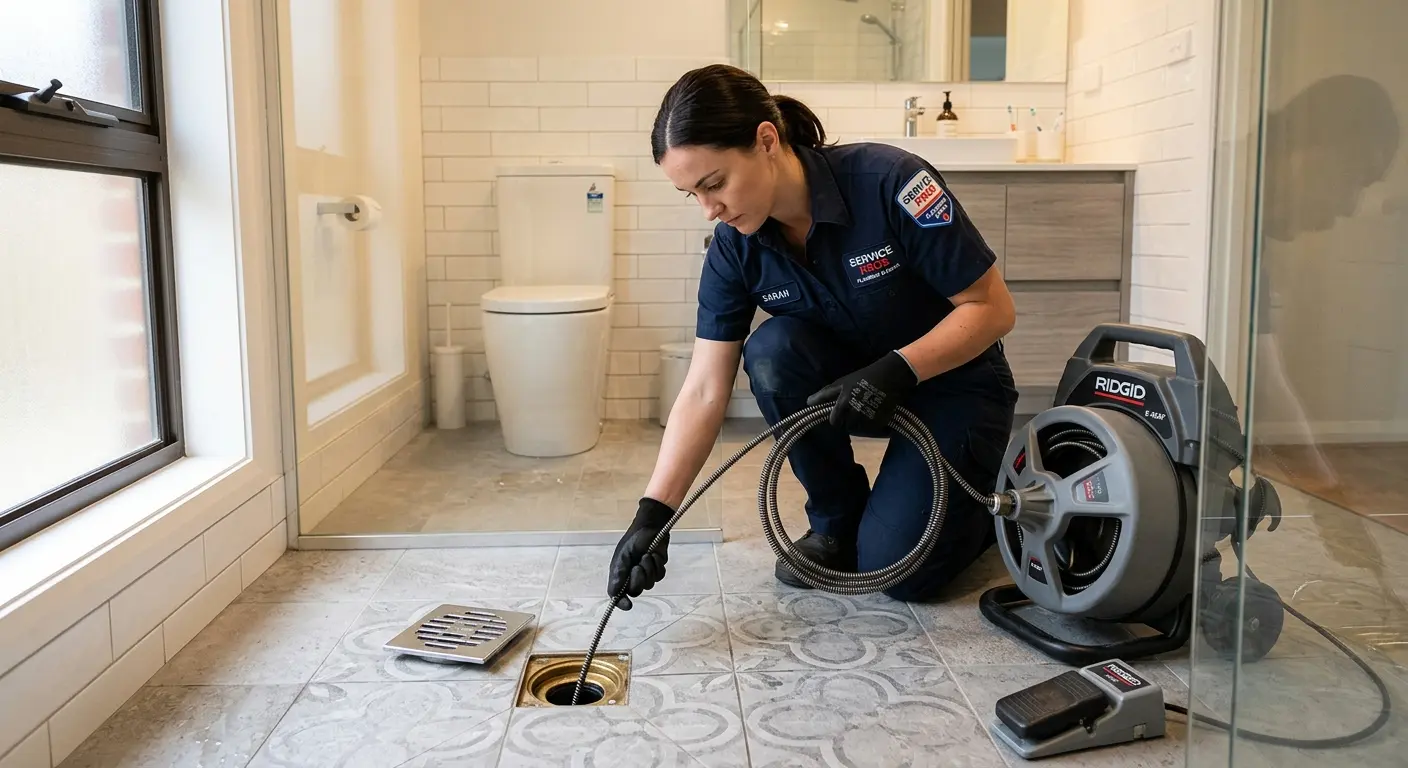Technician clearing a bathroom floor drain for Clogged Drain Repair in Falmouth